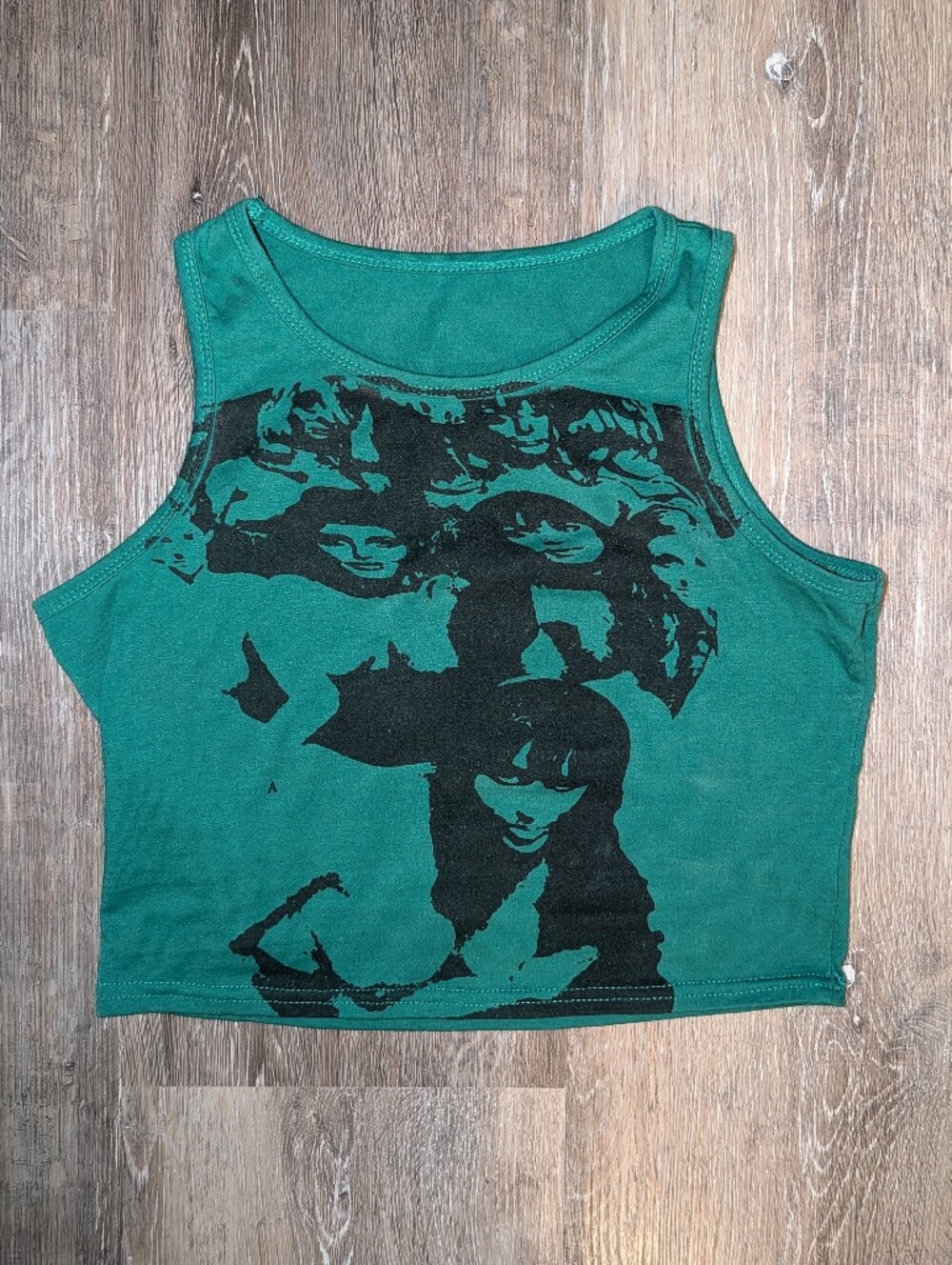 Y2K Green Crop Top w/ Black Graphic Crowd